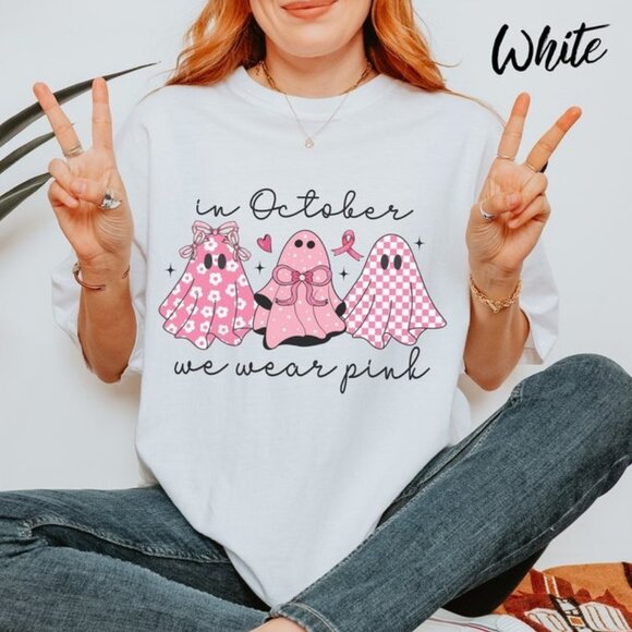 Tops - In October We Wear Pink Coquette Tshirt, Breast Cancer Awareness Shirt